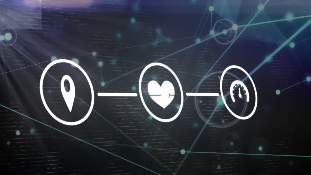 검은색 배경에 빛의 흔적에 대한 연결 네트워크와 디지털 아이콘의 애니메이션