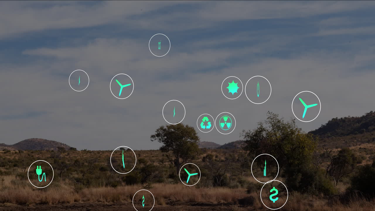 Overlaying savanna landscape, animation of icons representing activities and data