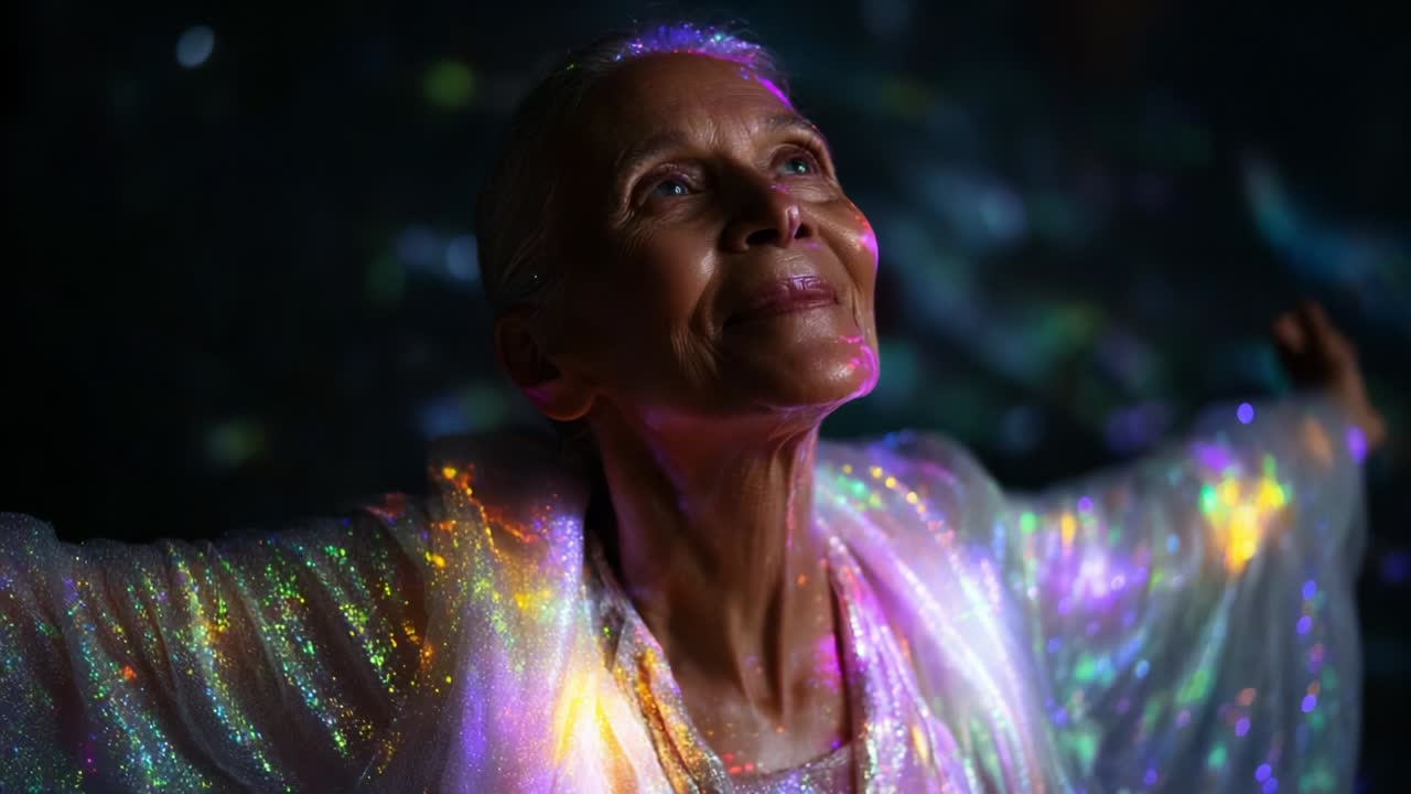 Una celebrazione radiosa della vita e della bellezza interiore, in cui una donna matura con un tessuto scintillante esprime gioia e serenità, illuminata da un incantevole gioco di luci colorate e riflessi sullo sfondo.