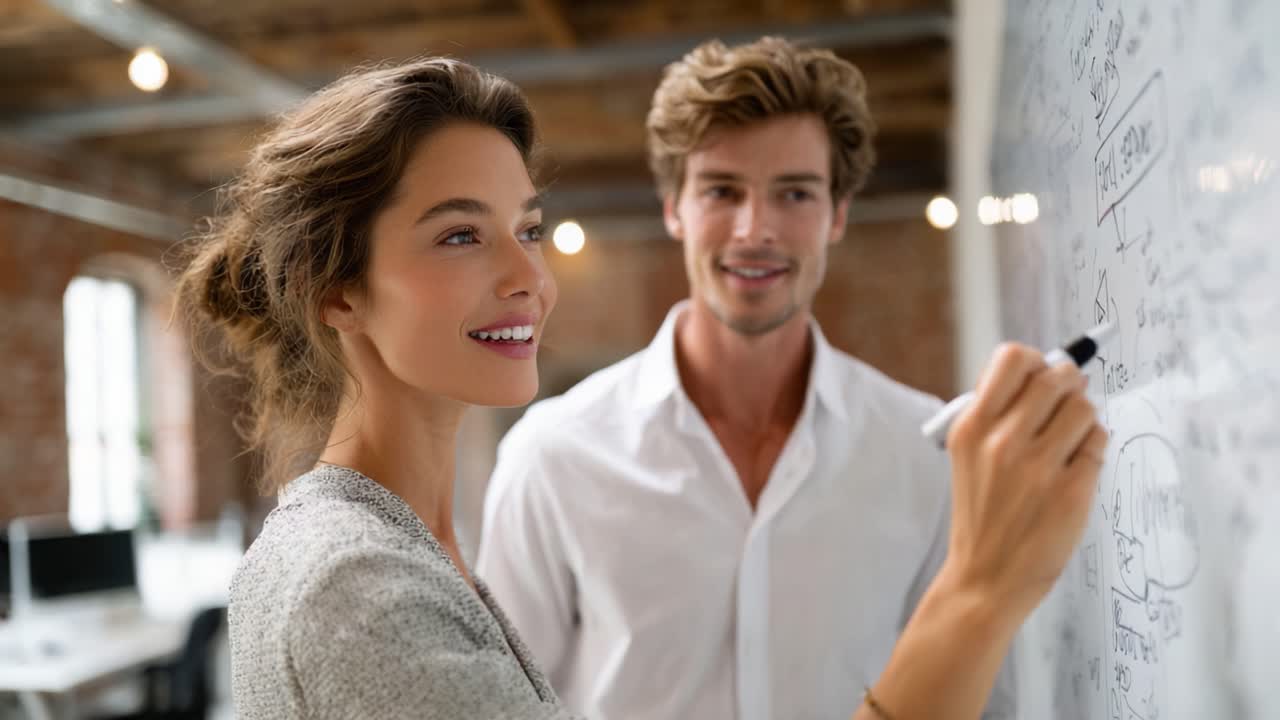 Dynamic Collaboration: Engaging Presentation in a Creative Workspace as a Young Woman Illustrates Ideas While a Colleague Looks On with Supportive Interest