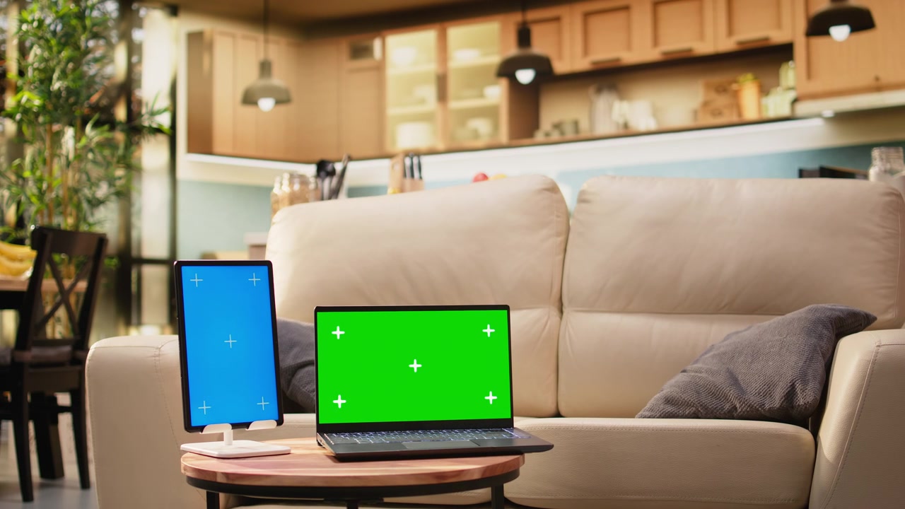 Schermo verde e schermo blu verticale in un interno domestico con tavolino da caffè