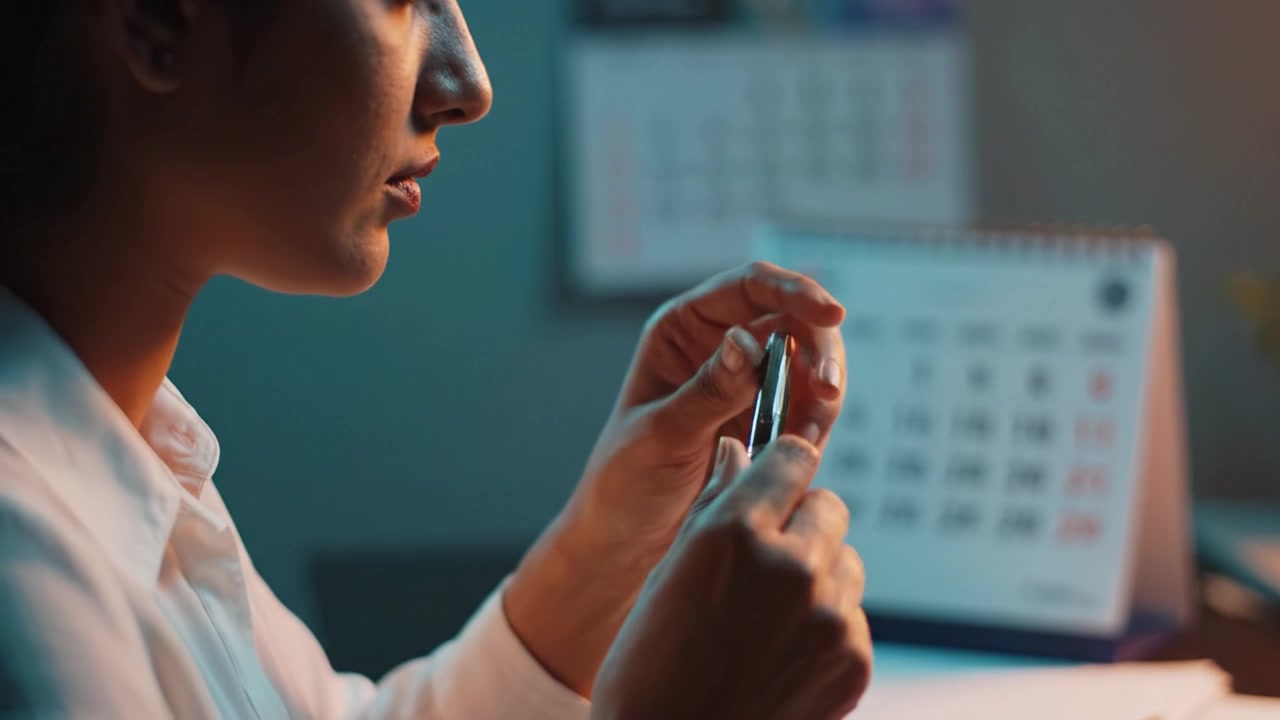 Momento contemplativo di una donna che tiene un orologio mentre è immersa nei pensieri, evidenziando concentrazione, gestione del tempo e riflessione personale in uno spazio di lavoro accogliente.