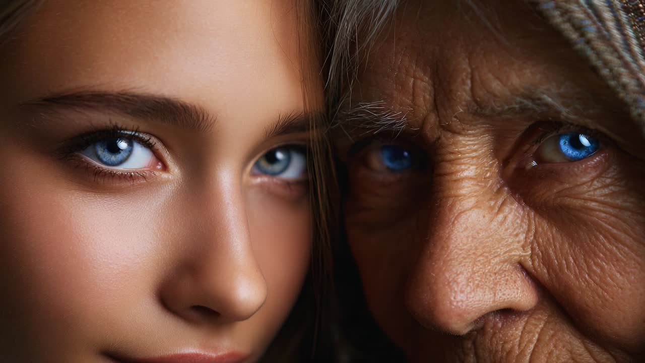 Un primo piano di una giovane ragazza con intensi occhi azzurri e di un'anziana signora con la pelle profondamente segnata dalle rughe, entrambe che fissano la fotocamera con espressioni intense, mettendo in mostra la bellezza dei contrasti generazionali e della connessione emotiva