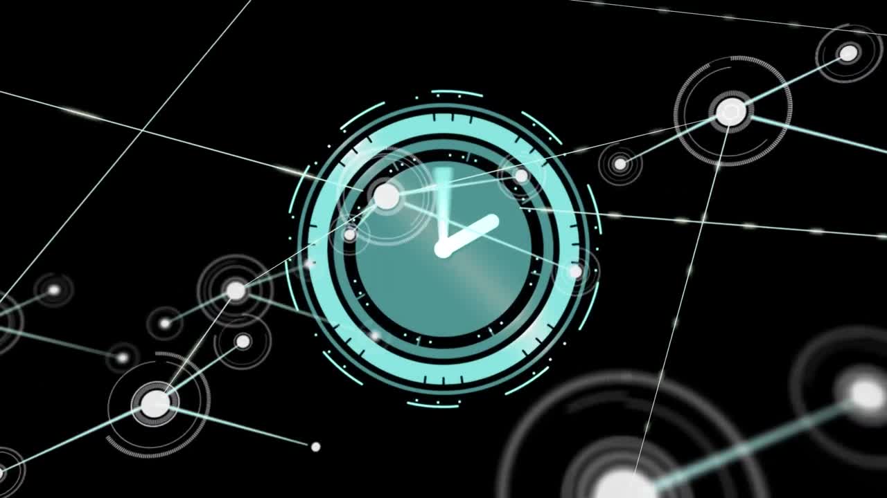 Animazione di rete di connessioni su un orologio in movimento su sfondo nero