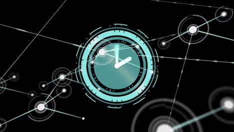 Animation-of-network-of-connections-over-moving-clock-on-black-background