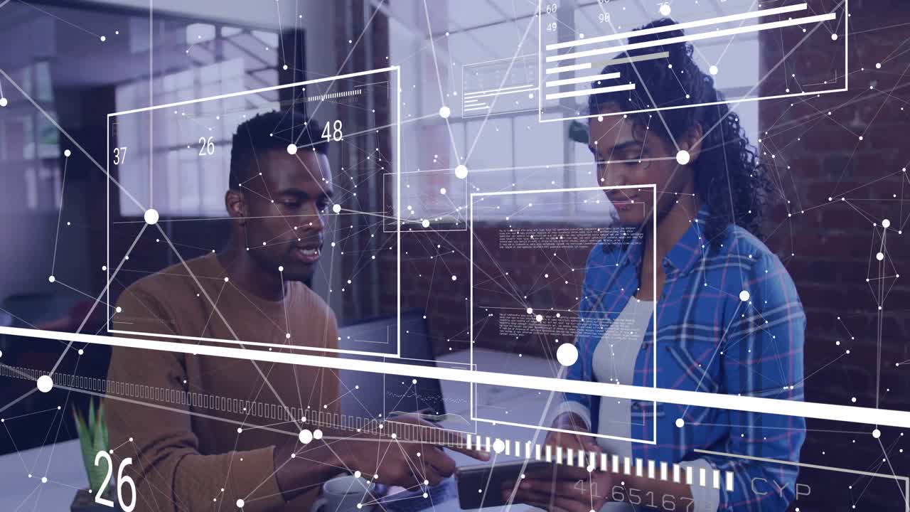 female and male professionals reviewing tablet in tech office, showing data grids and connections