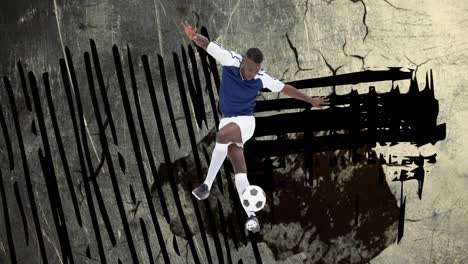 animación de un jugador de fútbol con la pelota sobre garabatos negros en un fondo angustiado