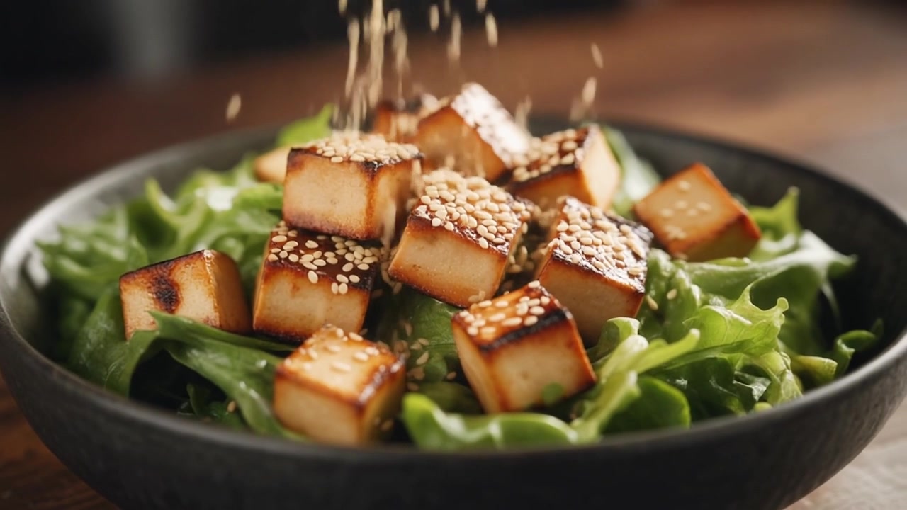 Semi di sesamo cosparsi su insalata di tofu grigliato in una ciotola
