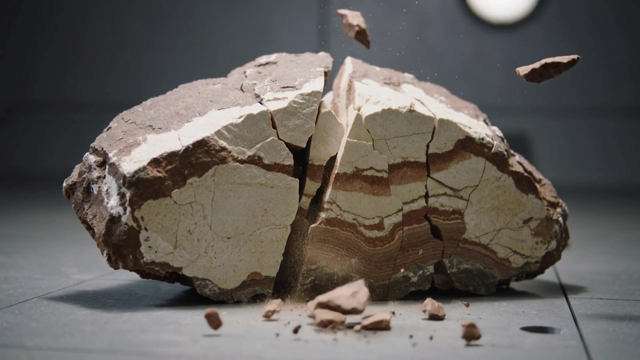Ejecting fragments, layered specimen splitting along central fissure on test table in lab test
