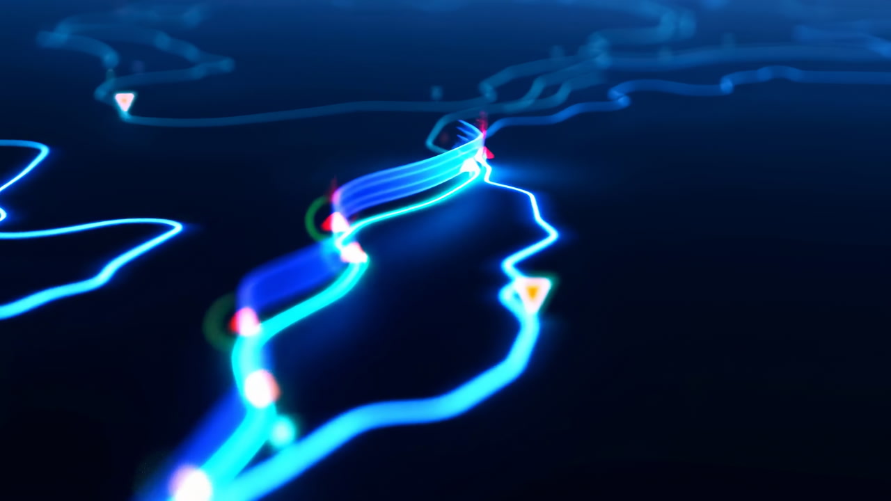 Glowing Blue Map Lines Tracing Digital Routes Across Dark Plane, Triangular Markers Pulse And Drift, Dynamic