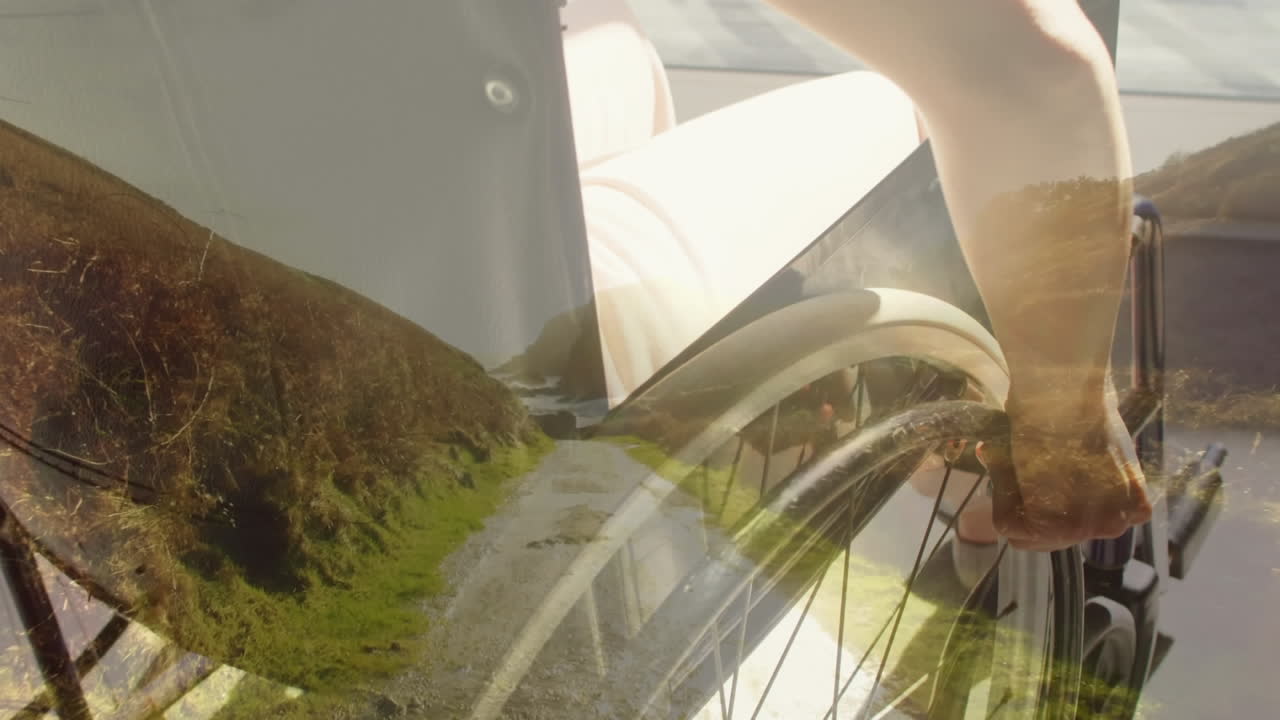 체어에 앉아 있는 장애인 백인 남성 위의 풍경 애니메이션