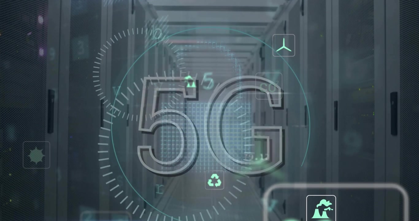 Animation of 5g text, eco icons and data processing over computer servers