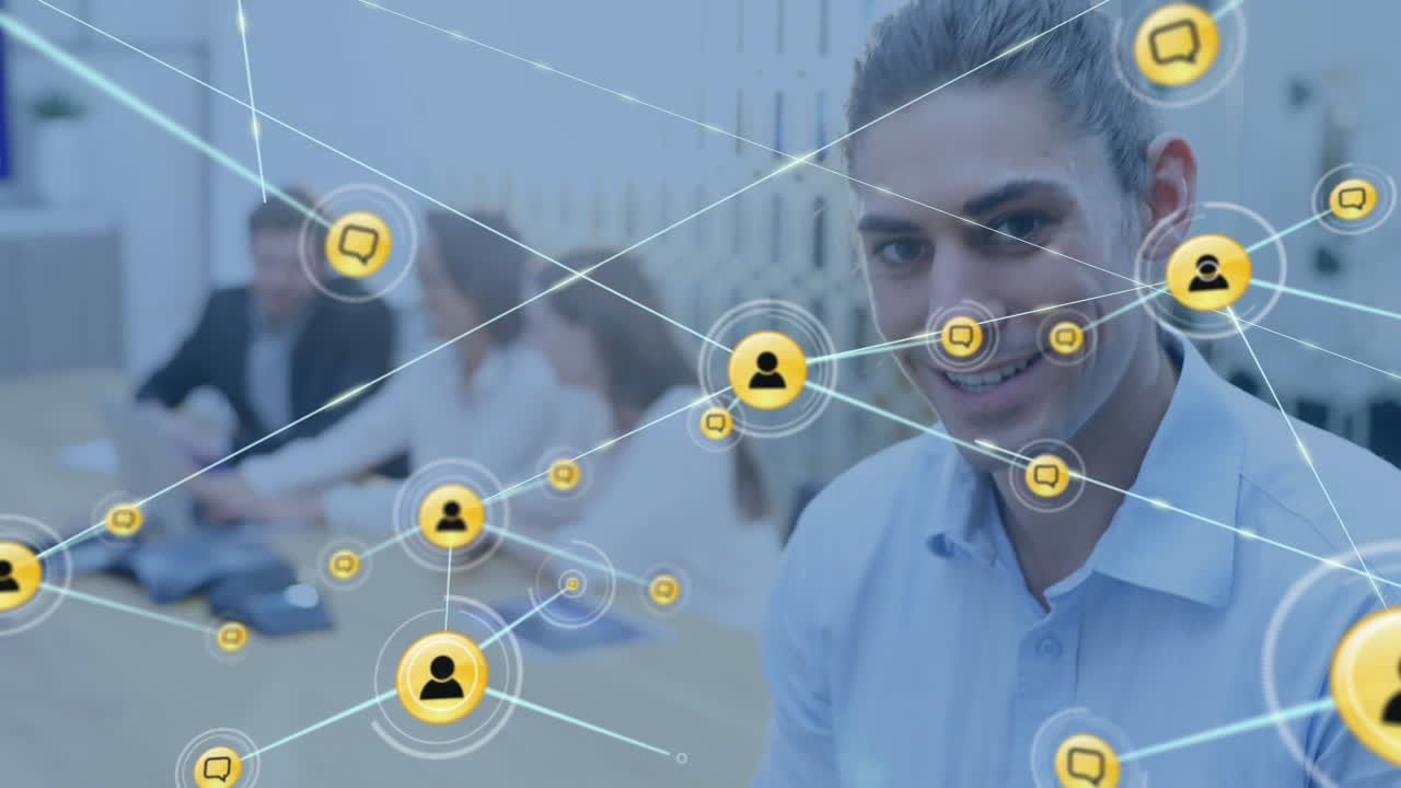 animación de la red de conexiones con iconos sobre empresario caucásico