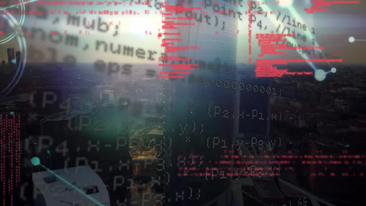Animation of digital screen with data processing, connections and cityscape