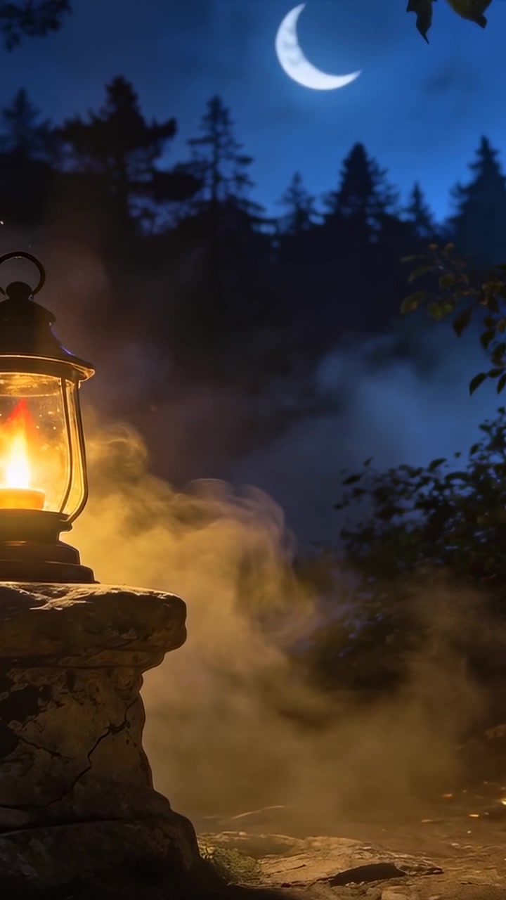 Video verticale: Lanterna a olio tremolante nella foresta mentre il vento muove la nebbia vicino alla luna crescente, spazio per il testo.