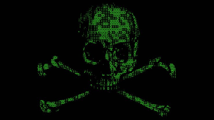 Simbolo animato inquietante di teschio e tibie incrociate da cyber hacking con texture animata di codice binario in schema di colori verdi su sfondo nero.
