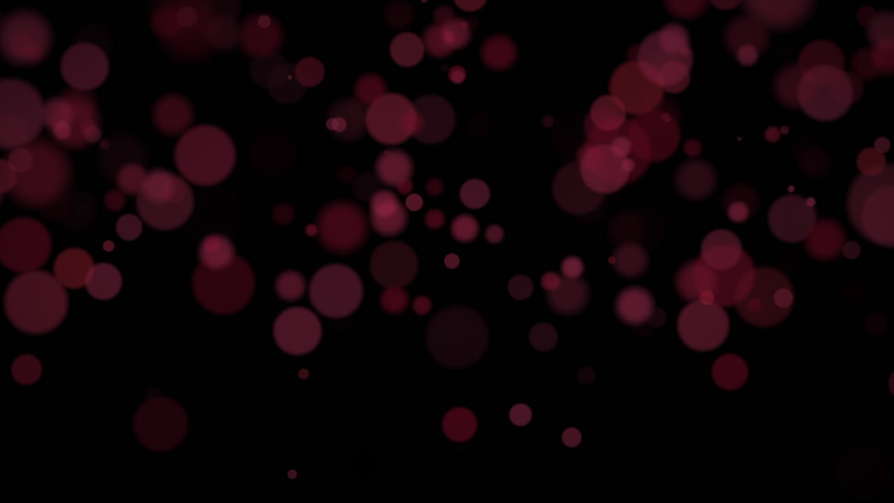 partículas rojas de movimiento y mosca y bokeh redondo sobre fondo de animación oscuro