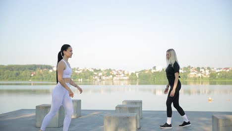fitness training of two women outdoors fitness training of two women outdoors pilates balance exercises on a warm summer day