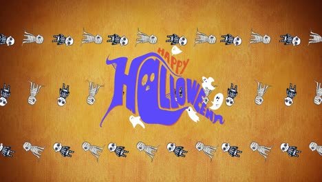 Animation-Eines-Fröhlichen-Halloween-Textes-über-Skeletten-Auf-Orangefarbenem-Hintergrund