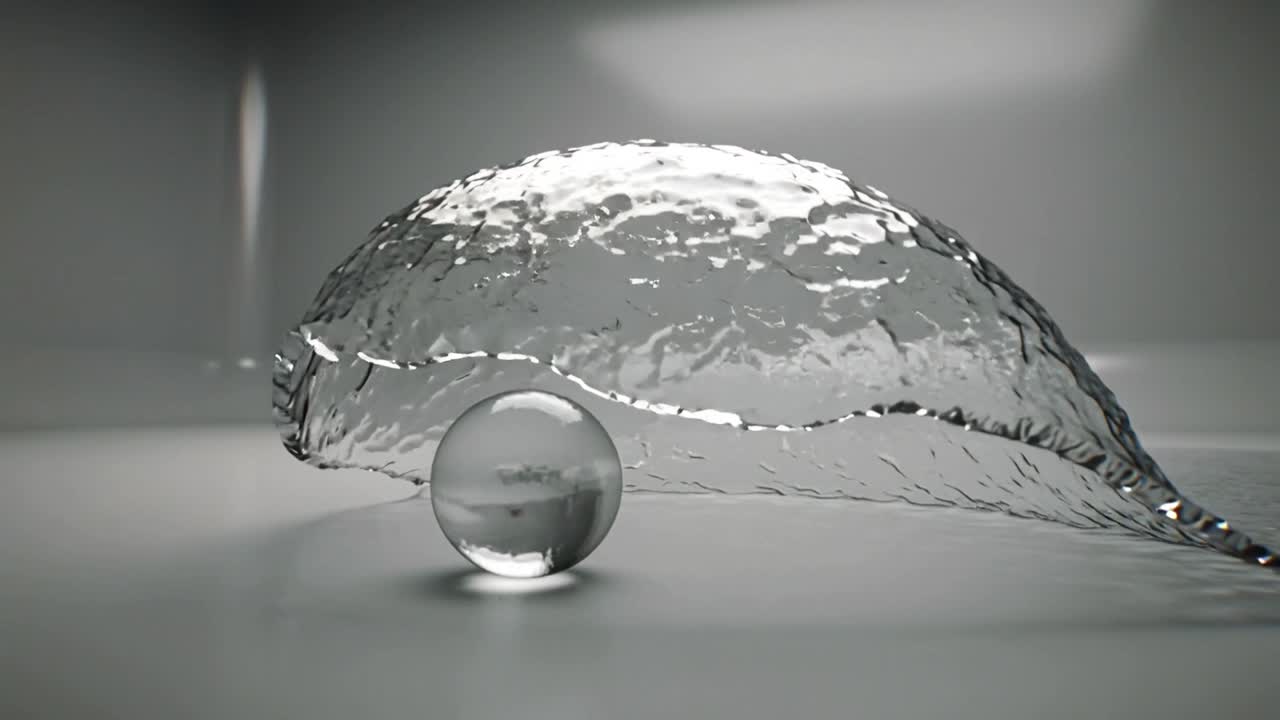 Advancing liquid from right lifting into arch, wrapping glass sphere on mirror desk, forming dome