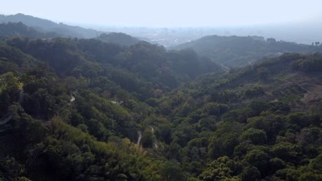 üppige-Grüne-Hügel-Mit-Einem-Dunstigen-Himmel,-Der-Auf-Eine-Weite,-Ruhige-Landschaft-Hinweist,-Frühes-Morgenlicht