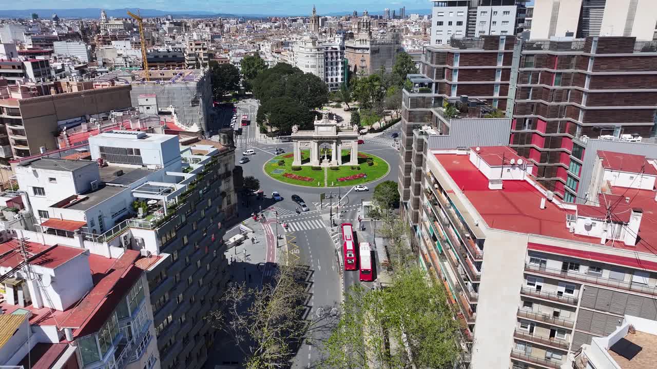 Sea Gate At Valencia In Valence Community Spain. Downtown Cityscape. Puerta De La Mar Sculpture. Valencia At Valence Community Spain. Cultural Heritage Skyline. Urban Scene.