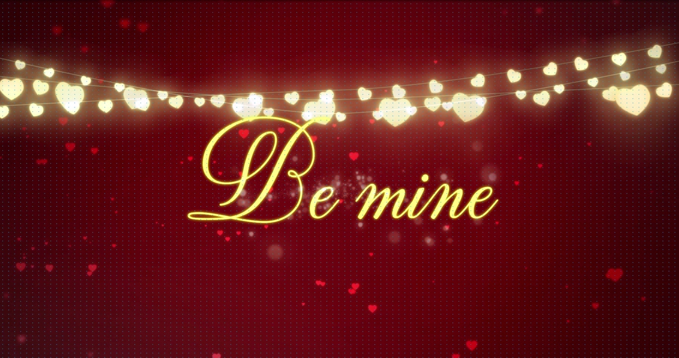 Animation of hearts over be mine text and fairy lights on red background