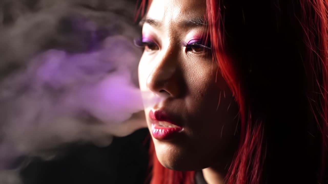 Young Woman Creates Colorful Smoke While Vaping in a Dark Room at Night