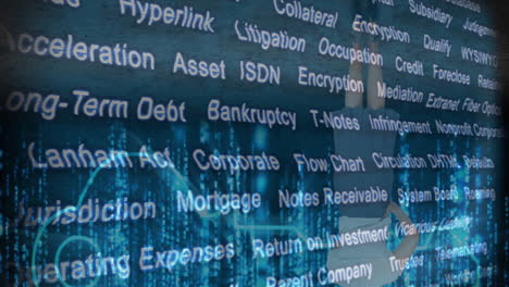 Digital financial terms and data processing animation over abstract blue background