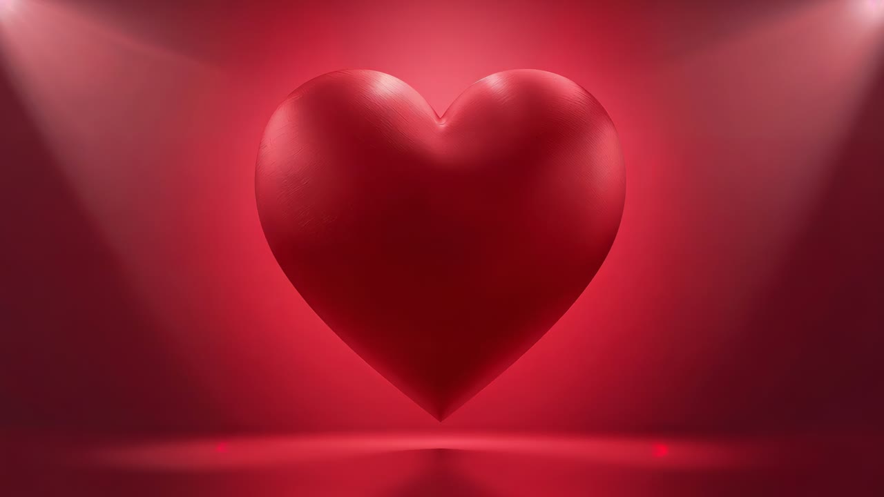 Cuore 3D rosso pulsante sospeso sopra un podio a specchio su un set con due faretti che si spostano per mostrare