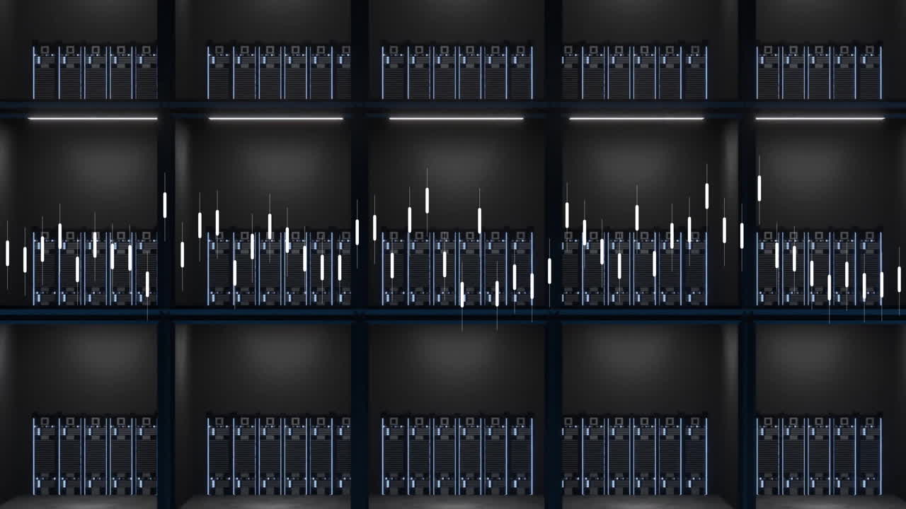 데이터 센터에서 서버 랙을 통해 데이터 처리 애니메이션, 기술을 보여주기