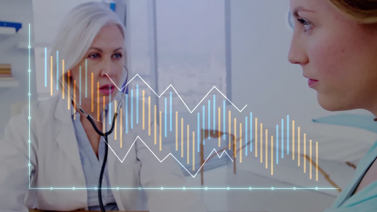 animación de un diagrama sobre una doctora caucásica usando un estetoscopio