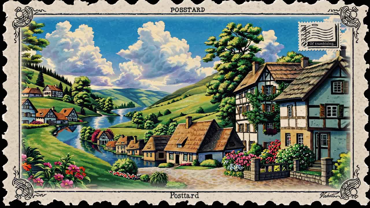 Vista aérea de uma vila pitoresca perto de um rio, lembrando um cartão postal vintage