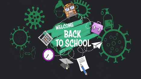 Welcome-back-to-school-text-against-coronavirus-concept-icons-on-black-background