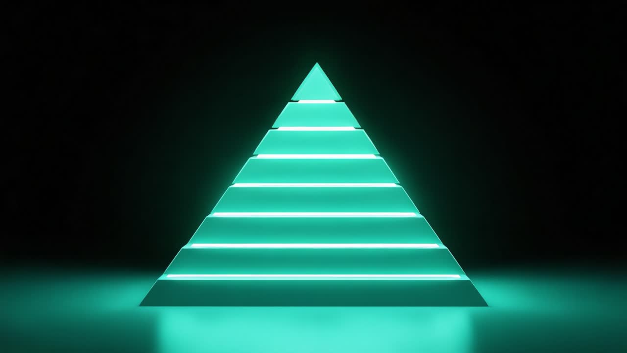 Illuminated Pyramid Structure: A Captivating Visual Representation of Geometric Design, Featuring Neon Glow and Distinct Layers in a Darkened Environment, Highlighting Depth and Perspective