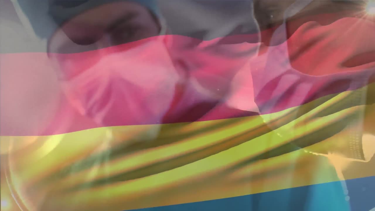 animación de la bandera alemana contra diversos cirujanos masculinos y femeninos que realizan operaciones en el hospital