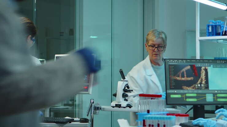 Chemist nurse typing on computer standing in lab