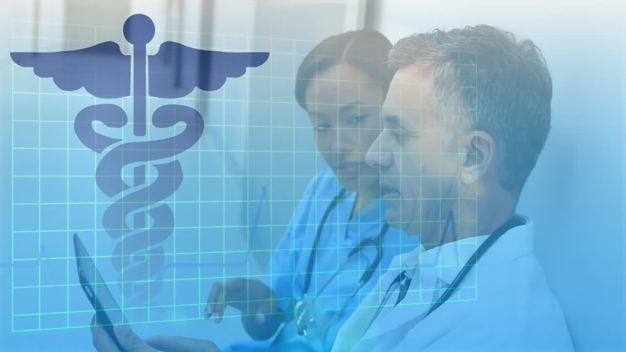 Animation of medical snake sign over diverse doctors