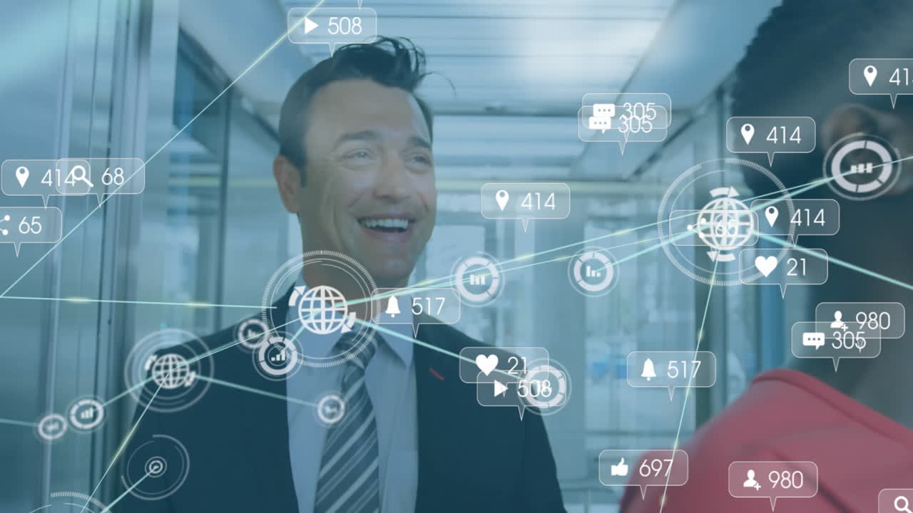 사무실에서 걸어다니는 다양한 사업가들에 대한 미디어 아이콘의 애니메이션