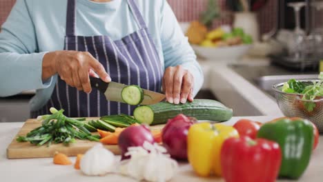 Asian-senior-woman-wearing-an-apron-chopping-vegetables-in-the-kitchen-at-home