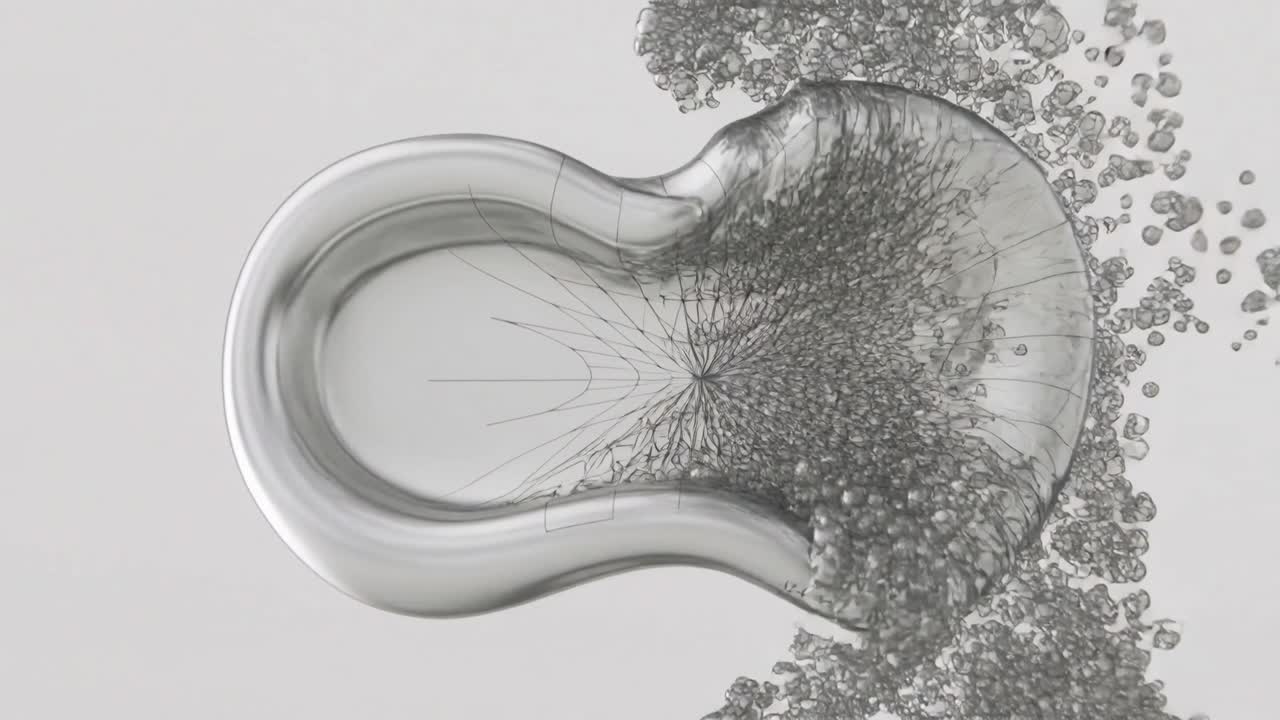 Morphing gridded oval deforming under right particle impact in gray studio, forming reflective form