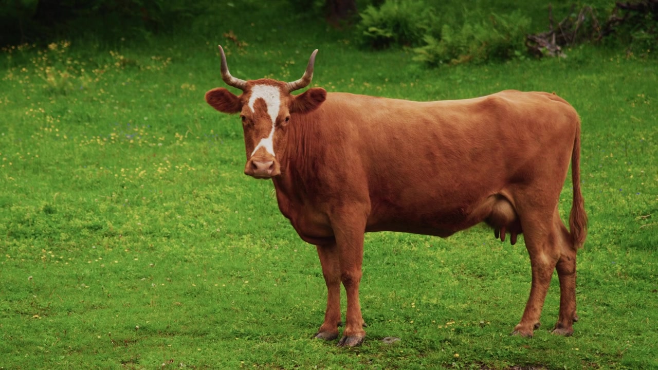Brun ko står roligt på en frodig grøn eng. Hornene buer opad, pelsen skinner i naturligt lys. Dyret ser fredeligt ud, græsning er ikke synlig. Ideel til landbrug, landdistrikter.