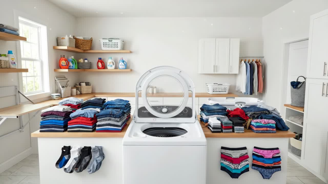 Clothes Flying into Washing Machine and Neatly Organized in Laundry Room