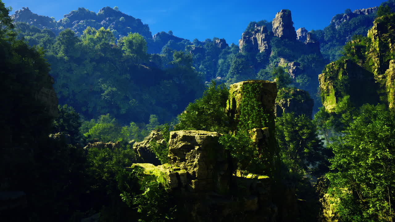 Lush green landscape with rocky formations in a vibrant natural setting