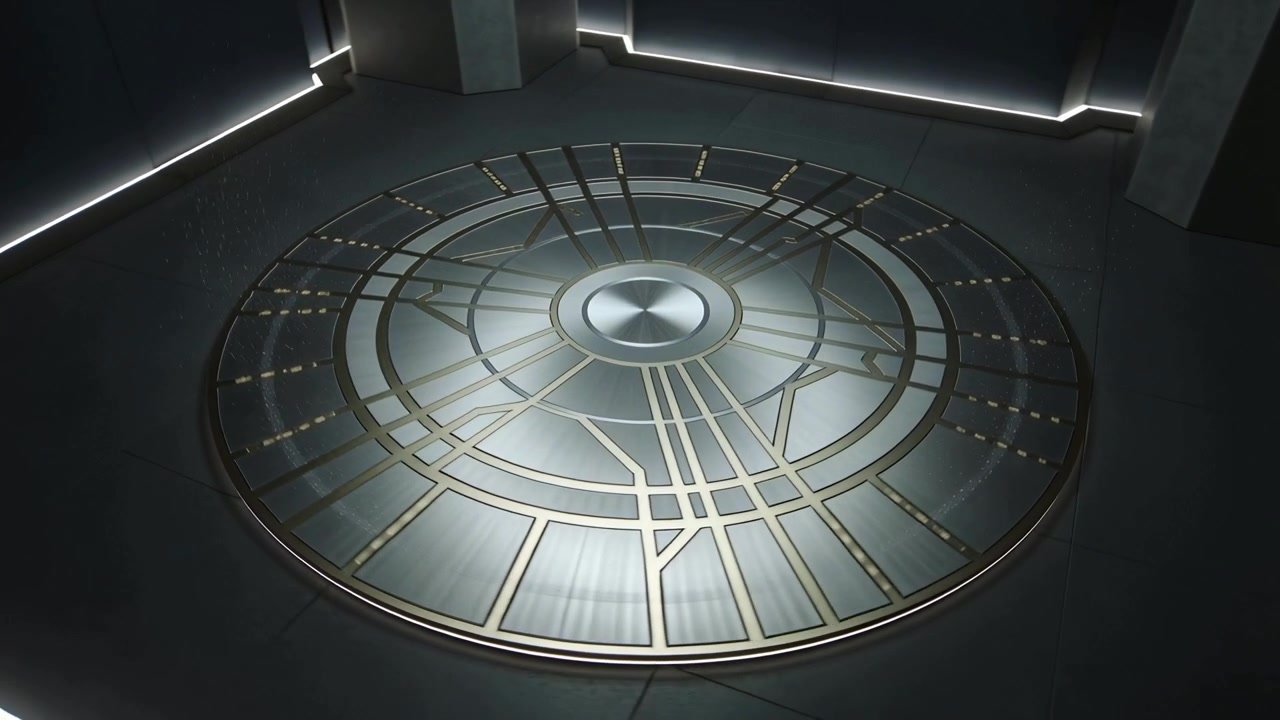 Rotating rods casting sweeping shadows across ringed platform with central hub in test chamber