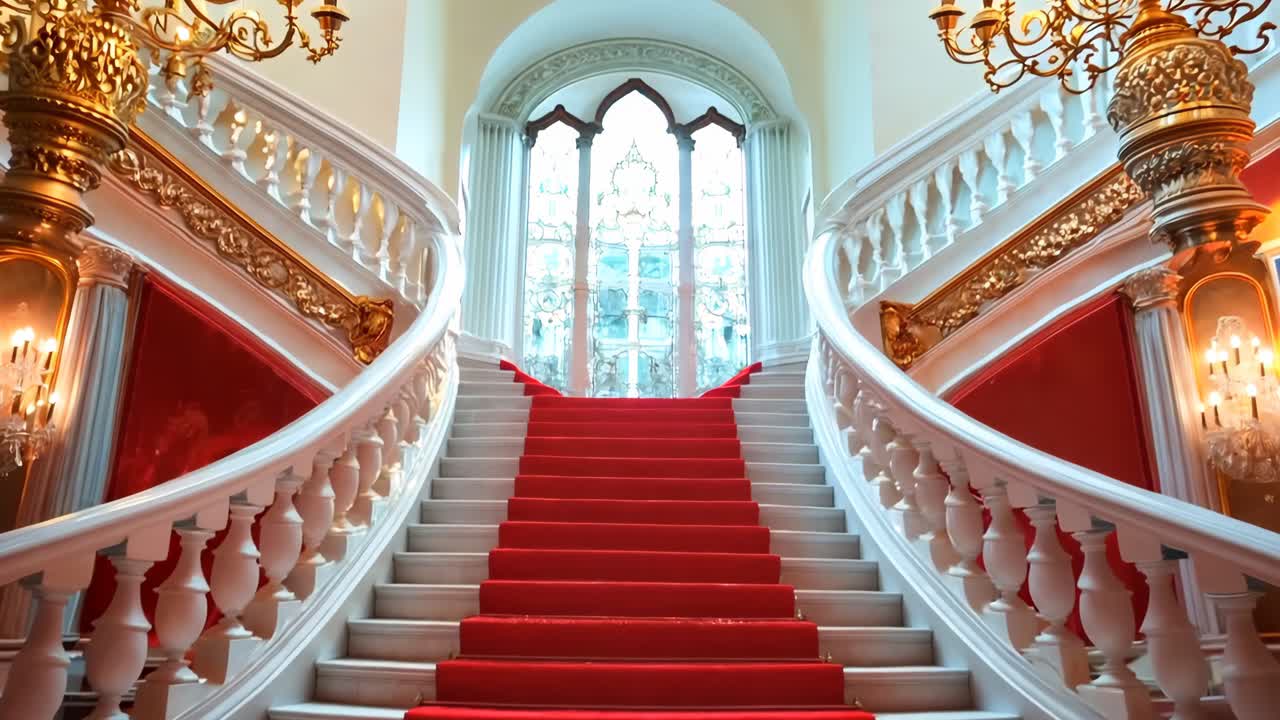 A red carpeted staircase in a building with chandeliers and chandelier