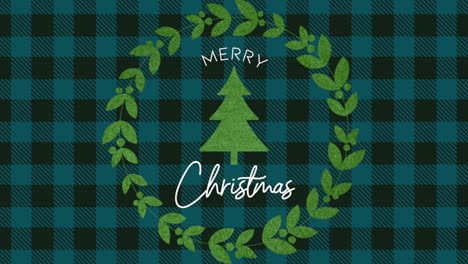 Feliz-Navidad-Con-Un-árbol-De-Navidad-Verde-Invernal-Sobre-Un-Patrón-De-Cuadros-Azules.