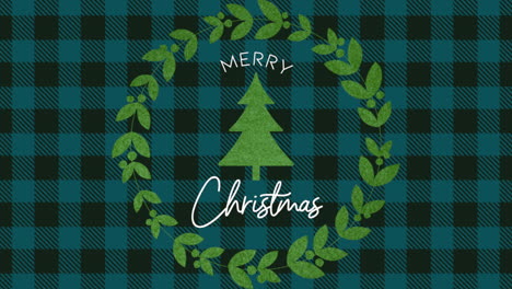 merry christmas with winter green christmas tree on blue checkered pattern