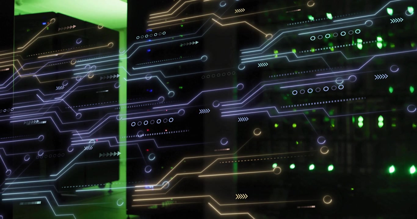Overlay fading in on server racks LEDs blinking as pulses racing circuit paths showing network flow
