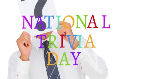 animación del día nacional de trivia texto sobre hombre de negocios caucásico con signo de interrogación